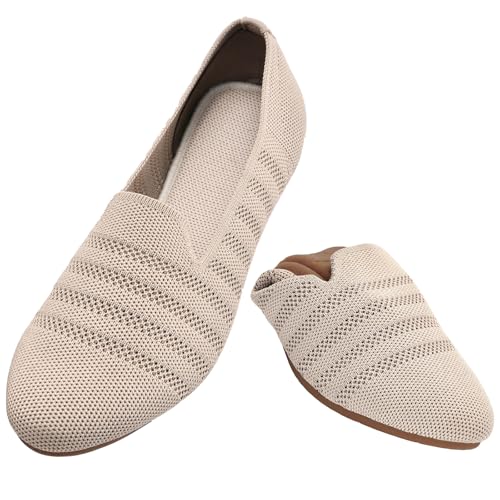 Puxowe Damen Ballerina Slip On Stricken Kleid Flache Schuhe Runde Zehe Ballerina Walking Pumps Schuhe für Frauen Bequem Elegant 41 EU Camel von Puxowe