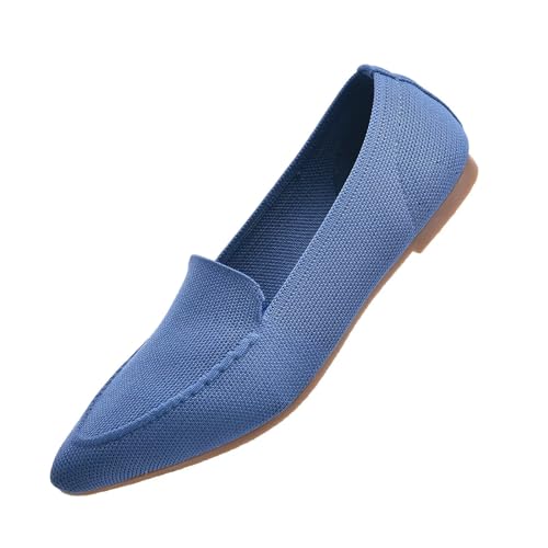 Puxowe Damen Ballerina Spitze Zehe Flache Schuhe Komfort Stricken Kleid Schuhe Niedriger Keil Slip On Walking Fahrende Schuhe für Frauen 36 EU Light Blue von Puxowe