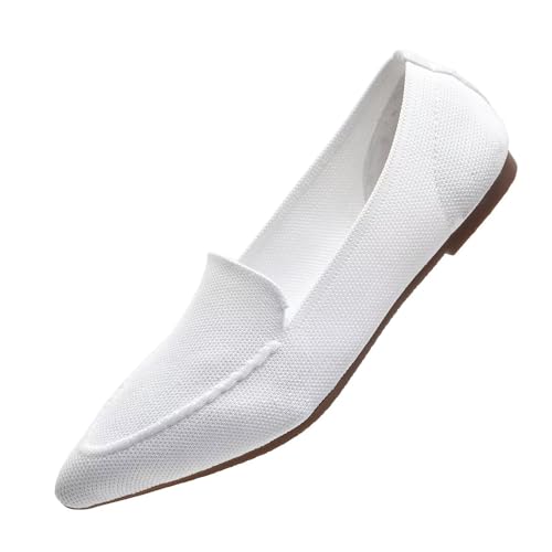 Puxowe Damen Ballerina Spitze Zehe Flache Schuhe Komfort Stricken Kleid Schuhe Niedriger Keil Slip On Walking Fahrende Schuhe für Frauen 36 EU White von Puxowe