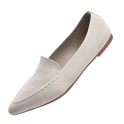 Puxowe Damen Ballerina Spitze Zehe Flache Schuhe Komfort Stricken Kleid Schuhe Niedriger Keil Slip On Walking Fahrende Schuhe für Frauen 41.5 EU Nude von Puxowe