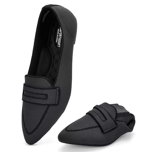 Puxowe Damen Ballerinas Slip On Spitz Strick Kleid Flache Schuhe Pumps Elegant Bequem Ballerina Flats für Damen 38 EU Black von Puxowe