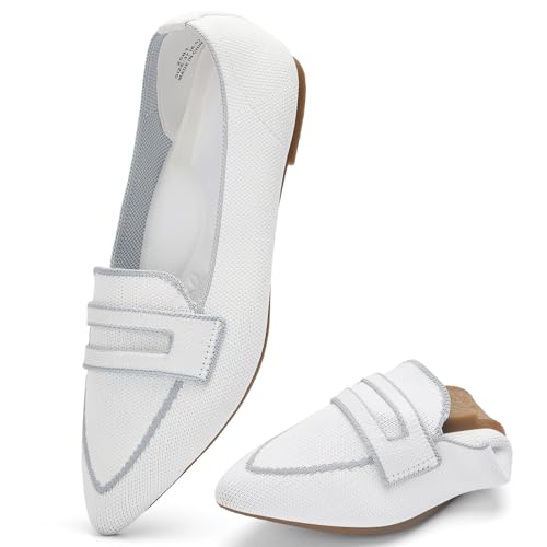 Puxowe Damen Ballerinas Slip On Spitz Strick Kleid Flache Schuhe Pumps Elegant Bequem Ballerina Flats für Damen 39 EU White von Puxowe