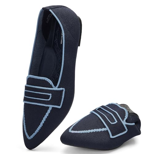 Puxowe Damen Ballerinas Slip On Spitz Strick Kleid Flache Schuhe Pumps Elegant Bequem Ballerina Flats für Damen 39.5 EU Dark Blue von Puxowe