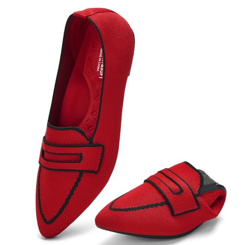 Puxowe Damen Ballerinas Slip On Spitz Strick Kleid Flache Schuhe Pumps Elegant Bequem Ballerina Flats für Damen 41 EU Red von Puxowe