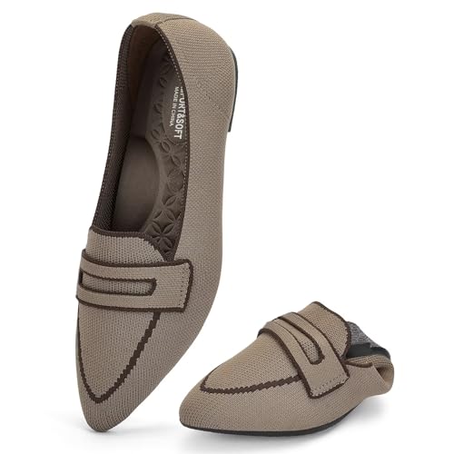 Puxowe Damen Ballerinas Slip On Spitz Strick Kleid Flache Schuhe Pumps Elegant Bequem Ballerina Flats für Damen 41.5 EU Khaki von Puxowe