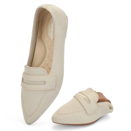 Puxowe Damen Ballerinas Slip On Spitz Strick Kleid Flache Schuhe Pumps Elegant Bequem Ballerina Flats für Damen 41.5 EU Nude von Puxowe