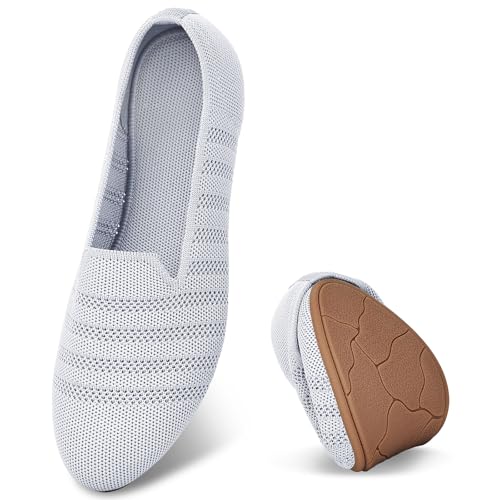 Puxowe Damen Ballerina Slip On Stricken Kleid Flache Schuhe Runde Zehe Ballerina Walking Pumps Schuhe für Frauen Bequem Elegant 37 EU Light Gray von Puxowe