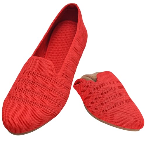 Puxowe Damen Ballerina Slip On Stricken Kleid Flache Schuhe Runde Zehe Ballerina Walking Pumps Schuhe für Frauen Bequem Elegant 37.5 EU Red von Puxowe