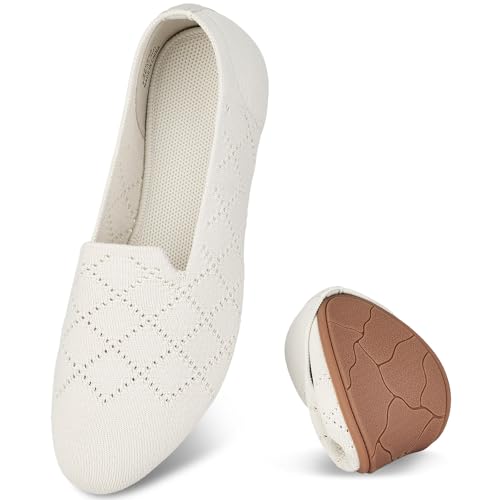 Puxowe Damen Ballerina Flache Schuhe Runde Zehe Strick Kleid Schuhe Niedriger Keil Slip On Ballerina Walking Flats für Frauen Bequem 38 EU Beige von Puxowe