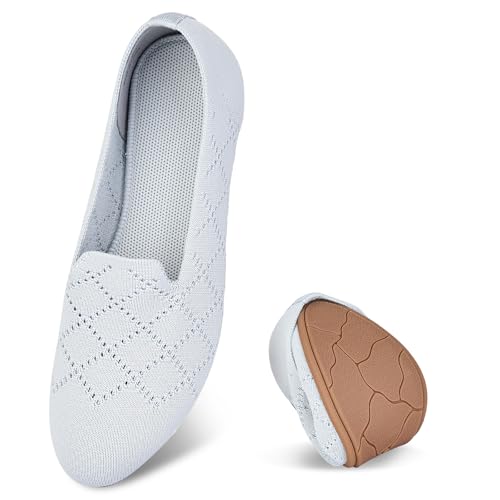 Puxowe Damen Ballerina Flache Schuhe Runde Zehe Strick Kleid Schuhe Niedriger Keil Slip On Ballerina Walking Flats für Frauen Bequem 41 EU Light Gray von Puxowe