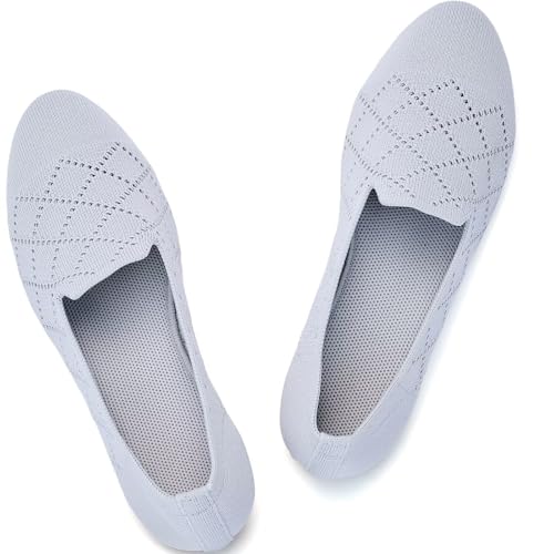 Puxowe Damen Ballerina Flache Schuhe Runde Zehe Strick Kleid Schuhe Niedriger Keil Slip On Ballerina Walking Flats Schuhe für Frauen Bequem Weich 41.5 EU Light Gray von Puxowe