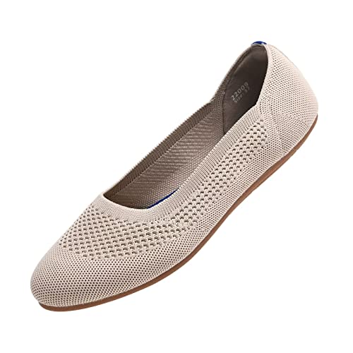 Puxowe Damen Ballerina Runde Zehe Stricken Flache Schuhe Komfort Weich Slip On Ballerina Walking Flats Schuhe für Frauen Niedriger Keil Lässig 37 EU Beige von Puxowe