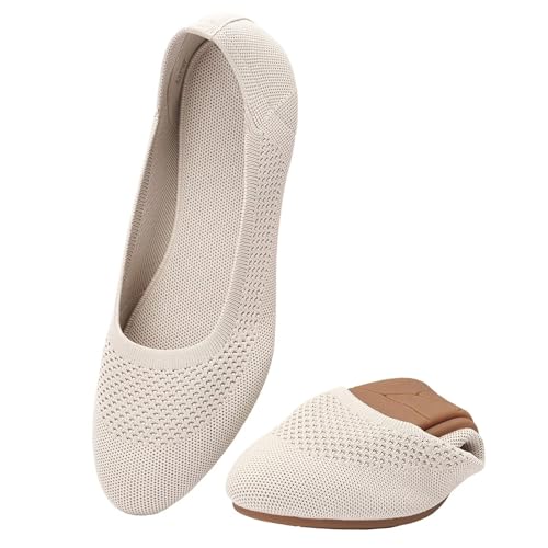 Puxowe Damen Ballerina Runde Zehe Stricken Flache Schuhe Komfort Weich Slip On Ballerina Walking Flats Schuhe für Frauen Niedriger Keil Lässig 37.5 EU Nude von Puxowe