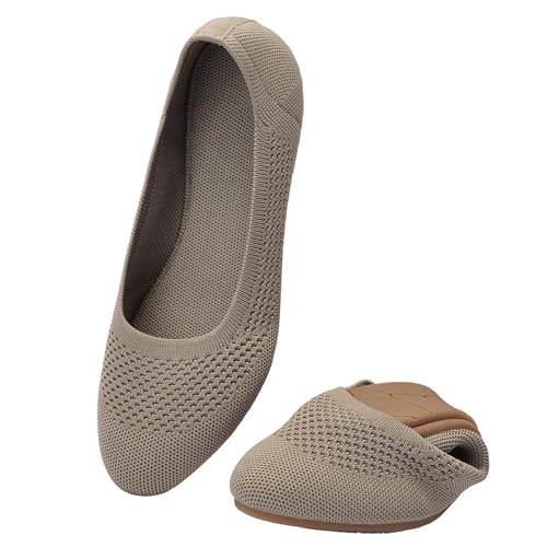 Puxowe Damen Ballerina Runde Zehe Stricken Flache Schuhe Komfort Weich Slip On Ballerina Walking Flats Schuhe für Frauen Niedriger Keil Lässig 40 EU Khaki von Puxowe