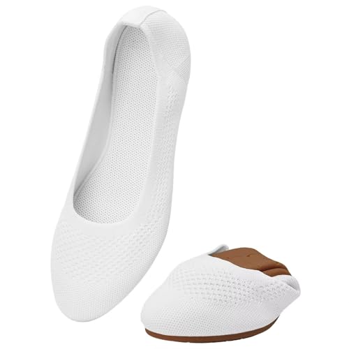 Puxowe Damen Ballerina Runde Zehe Stricken Flache Schuhe Komfort Weich Slip On Ballerina Walking Flats Schuhe für Frauen Niedriger Keil Lässig 41 EU White von Puxowe