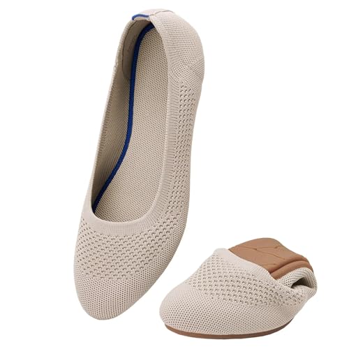 Puxowe Damen Ballerina Runde Zehe Stricken Flache Schuhe Komfort Weich Slip On Ballerina Walking Flats Schuhe für Frauen Niedriger Keil Lässig 41.5 EU Beige von Puxowe