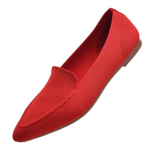 Puxowe Damen Ballerina Spitze Zehe Flache Schuhe Komfort Stricken Kleid Schuhe Niedriger Keil Slip On Walking Fahrende Schuhe für Frauen 37 EU Red von Puxowe