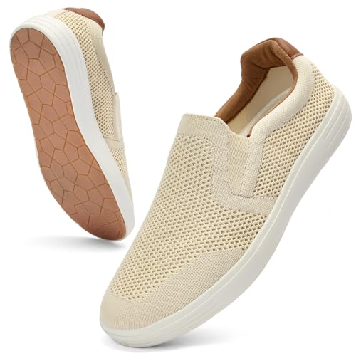Puxowe Herren Slip On Schuhe Mesh Casual Sneaker Flach Shoes Leicht Freizeitschuhe 44 EU Beige von Puxowe