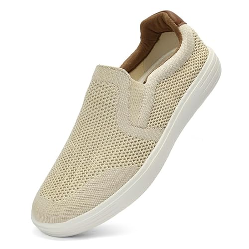 Puxowe Herren Slip On Schuhe Mesh Casual Sneaker Flach Shoes Leicht Freizeitschuhe 45 EU Beige von Puxowe