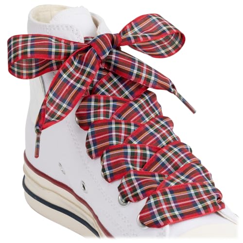 Puzeam 2 Paar Modisch Ribbon Satin Schnürsenkel für Sneaker 25mm Breite Flach Kariert Schuhbänder für Stiefel Seidenschnürsenkel für Damen Mädchen (T-Rot, 120CM) von Puzeam