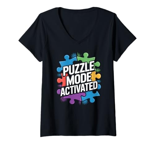 Damen Puzzle-Modus aktivierter bunter Puzzle-Spaß T-Shirt mit V-Ausschnitt von Puzzle Enthusiast Brain Challenge Fun