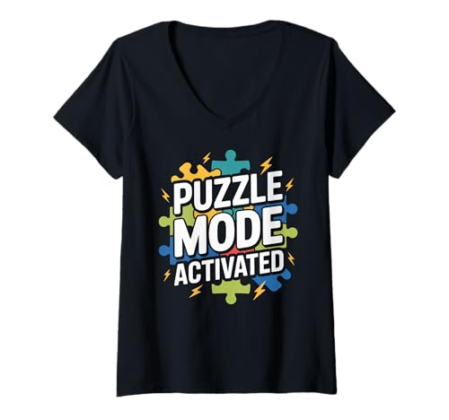 Damen Puzzle-Modus aktivierter Puzzle-Spaß T-Shirt mit V-Ausschnitt Damen Puzzle-Modus aktivierter Puzzle-Spaß T-Shirt mit V-Ausschnitt von Puzzle Enthusiast Brain Game Lovers