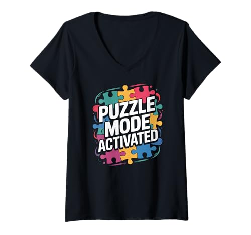 Damen Puzzle-Modus aktiviertes Puzzle-Liebhaber-Spiel T-Shirt mit V-Ausschnitt von Puzzle Enthusiast Brain Teaser Fun Challenge