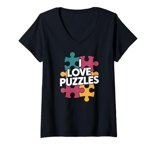 Damen Ich liebe Puzzle-Enthusiast Logic Fun T-Shirt mit V-Ausschnitt von Puzzle Enthusiasts Community Uniting Minds