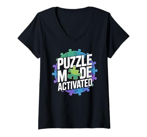 Damen Puzzle-Modus aktivierter Spaß-Puzzle-Enthusiast T-Shirt mit V-Ausschnitt von Puzzle Enthusiasts Fun Challenge Brain Teaser
