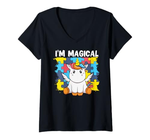 Damen I'm Magical Autistic Kids Autismus Awareness Unicorn Boy Girls T-Shirt mit V-Ausschnitt Damen I'm Magical Autistic Kids Autismus Awareness Unicorn Boy Girls T-Shirt mit V-Ausschnitt von Puzzle Vibes Autism Family Apparel.USA
