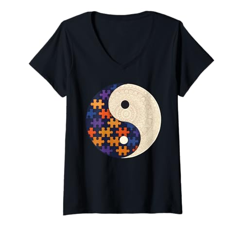 Damen Puzzles Mandala Art Ying Yang T-Shirt mit V-Ausschnitt von Puzzles Mandala Art Ying Yang Apparel