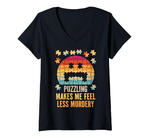 Damen Durch das Rätseln fühle ich Mich weniger mörderisch T-Shirt mit V-Ausschnitt von Puzzling Makes Me Feel Less Murdery Retro Sunset