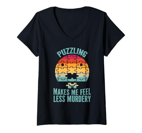 Damen Durch das Rätseln fühle ich Mich weniger mörderisch T-Shirt mit V-Ausschnitt von Puzzling Makes Me Feel Less Murdery Retro Sunset
