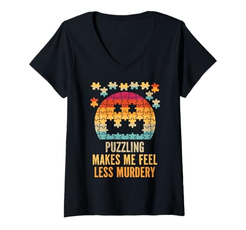 Damen Durch das Rätseln fühle ich Mich weniger mörderisch T-Shirt mit V-Ausschnitt von Puzzling Makes Me Feel Less Murdery Retro Sunset