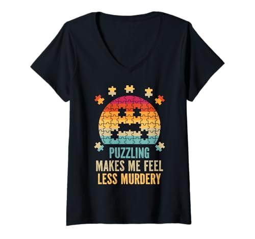 Damen Durch das Rätseln fühle ich Mich weniger mörderisch T-Shirt mit V-Ausschnitt von Puzzling Makes Me Feel Less Murdery Retro Sunset