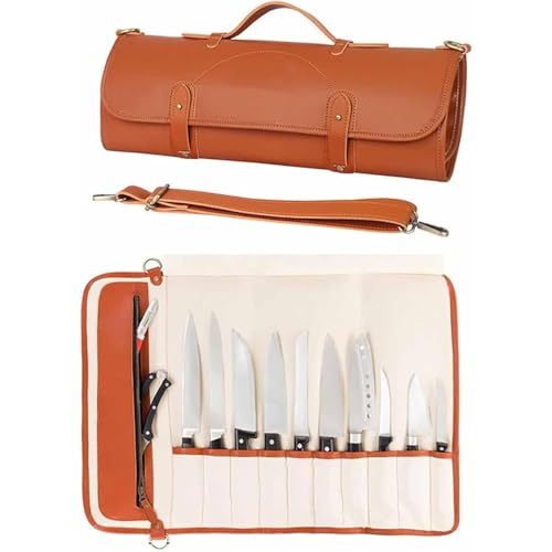 Pveanns Messerrollen-Aufbewahrungstasche, Professionelle Messerrollen-Tasche, 10 Schlitze Besteck Messerhalter Schutz, Küchenreise-Kochwerkzeug für Messer & Utensilien, Braun von Pveanns