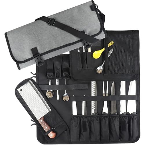 Pveanns Tragbare Kochmessertasche, Kochmessertasche Messerrolltasche, insgesamt 20 Fächer für Messer und Küchenutensilien für Köche und Kochstudenten - Messer Nicht inbegriffen von Pveanns