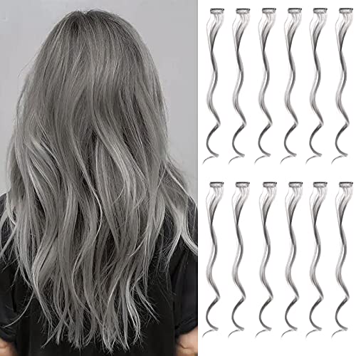 12 STÜCKE, DIY Lockige Haarverlängerungen Haarsträhnen Zum Einklipsen Strähnchen Clip in Extensions Haarteil Perücken Highlights Hair für Frauen Mädchen, Grau von Pwsap