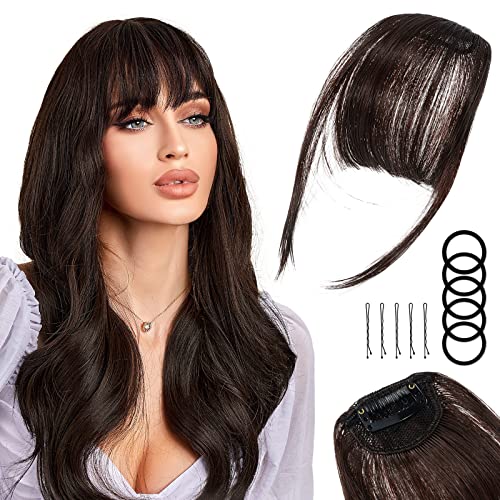 2 Pcs Clip in Pony Haarverlängerung Haarteil, Clip in Fransen Fringe Bangs Verlängerung Haarteil Extensions Bangs natürliche Fringe Dünn Bang für Frauen Mädchen, One Piece In Front Hair, Dunkelbraun von Pwsap