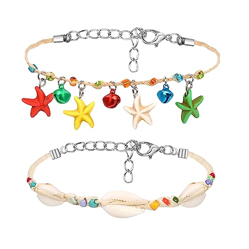 2 Stück Fußkettchen für Damen, Fußkette Armband Jewelry Verstellbare Boho Fußschmuck Armband Sommer Barfuß Strand Fusskette Fußkettchen Geburtstag Jahrestag Schmuck Geschenk, Muschelschale Seestern von Pwsap