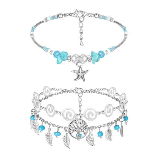2 Stück Fußkettchen für Damen, Fußkette Armband Jewelry Verstellbare Boho Perle Fußschmuck Armband Sommer Barfuß Strand Fusskette Fußkettchen Geburtstag Jahrestag Schmuck Geschenk, Seestern von Pwsap