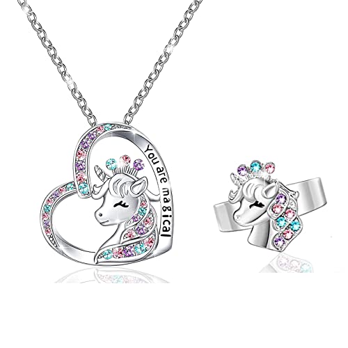 2PCS Einhorn Halskette mit Einhorn Ring, You Are Magical Einhorn Schmuck Set,Kette mit Lieblich Zirkonia Herz Anhänger,Valentinstag Weihnachten Geburtstag Schmuck Geschenke für Tochter Enkelin Nichte von Pwsap