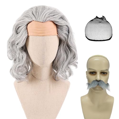 2Pcs Perücke Herren Graue für Männer Kurze Halbe Kopfhaut HerrenperüCke mit grau-weißem Bart Geschichtet Synthetische Perücke für Anime Cosplay Halloween Karneval von Pwsap