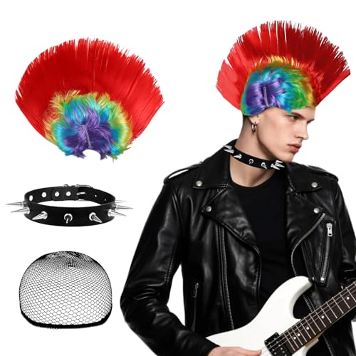 3Pcs Perücke Herren Regenbogen für Männer Frauen mit spitzem-design Leder-Nackenband Kurze HerrenperüCke Geschichtet Synthetische PerüCke mit Perücke-Kappe für Anime Cosplay Halloween Karneval von Pwsap