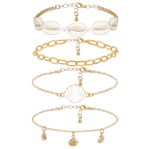 4 Stück Fußkettchen für Damen, Fußkette Armband Jewelry Verstellbare Boho Perle Fußschmuck Armband Sommer Barfuß Strand Fusskette Fußkettchen Geburtstag Jahrestag Schmuck Geschenk, Weiße Schale von Pwsap