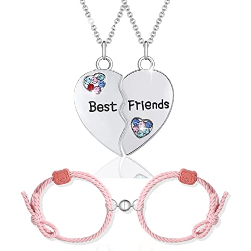 4PCS,Beste Freunde für Immer Halsketten mit Magnetarmbändern Seilen,Freundschaft Halbes Herz Anhänger Ketten Halsketten mit Bunte Strasssteine,2 Mädchen BFF Halskette,Freundschaft Valentinstag Schmuck von Pwsap