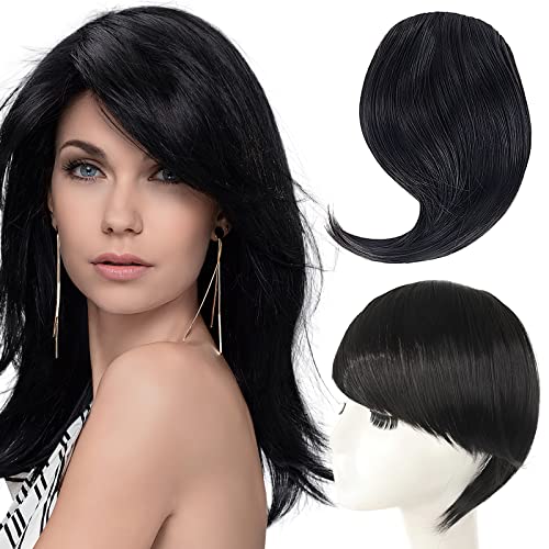Clip in Pony Haarverlängerung Haarteil, Clip in Seitlich Fransen Fringe Bangs Verlängerung Haarteil Extensions Bangs natürliche Fringe Bang für Frauen Mädchen, Two Piece In Front Hair, Schwarz von Pwsap