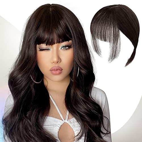 Echthaar Topper Top Haarteile Clip in Pony Haarverlängerung Haarteil, Clip in Fransen Fringe Bangs Verlängerung Haarteil Extensions Bangs natürliche Fringe Dünn Bang für Frauen Mädchen, Schwarzbraun von Pwsap