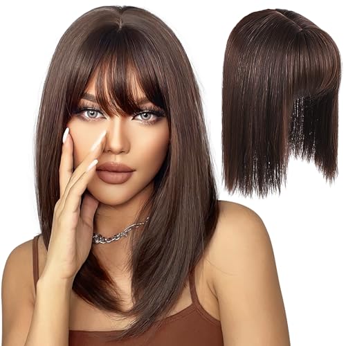 Echthaar Topper Top Haarteile Clip in Pony Haarverlängerung Haarteil, Clip in Fransen Fringe Bangs Verlängerung Haarteil Extensions Bangs natürliche Fringe Dünn Bang für Frauen Mädchen, Braun von Pwsap
