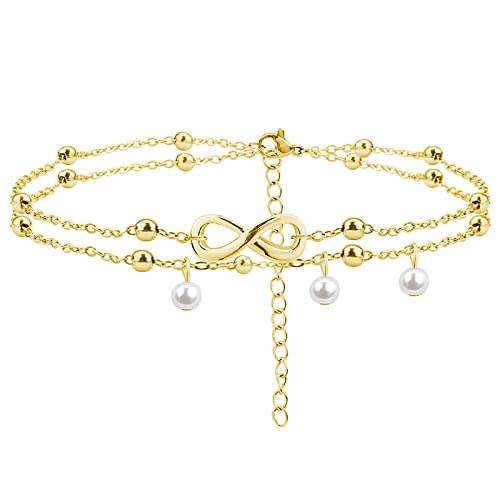 Fußkettchen für Damen, Infinity Fußkette Armband Jewelry Verstellbare Boho Perle Fußschmuck Armband Sommer Barfuß Strand Unendlichkeit Fusskette Fußkettchen Geburtstag Jahrestag Schmuck Geschenk, Gold von Pwsap